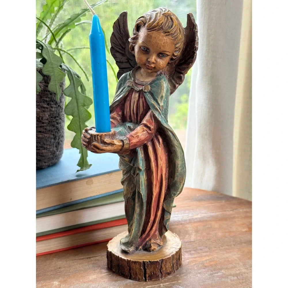 Vintage Hand Painted Angel Figurine Taper Candle Holder Rustic Wood Look Cherub